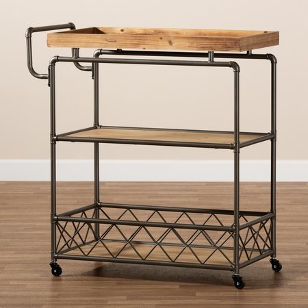 Baxton Studio Amado Rustic Industrial Farmhouse Oak Brown Finished Wood and Black Metal 3-Tier Mobile Kitchen Cart 177-11198-Zoro